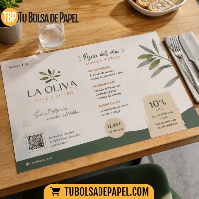 Mantel individual de papel personalizado para restaurante con menú QR y promoción