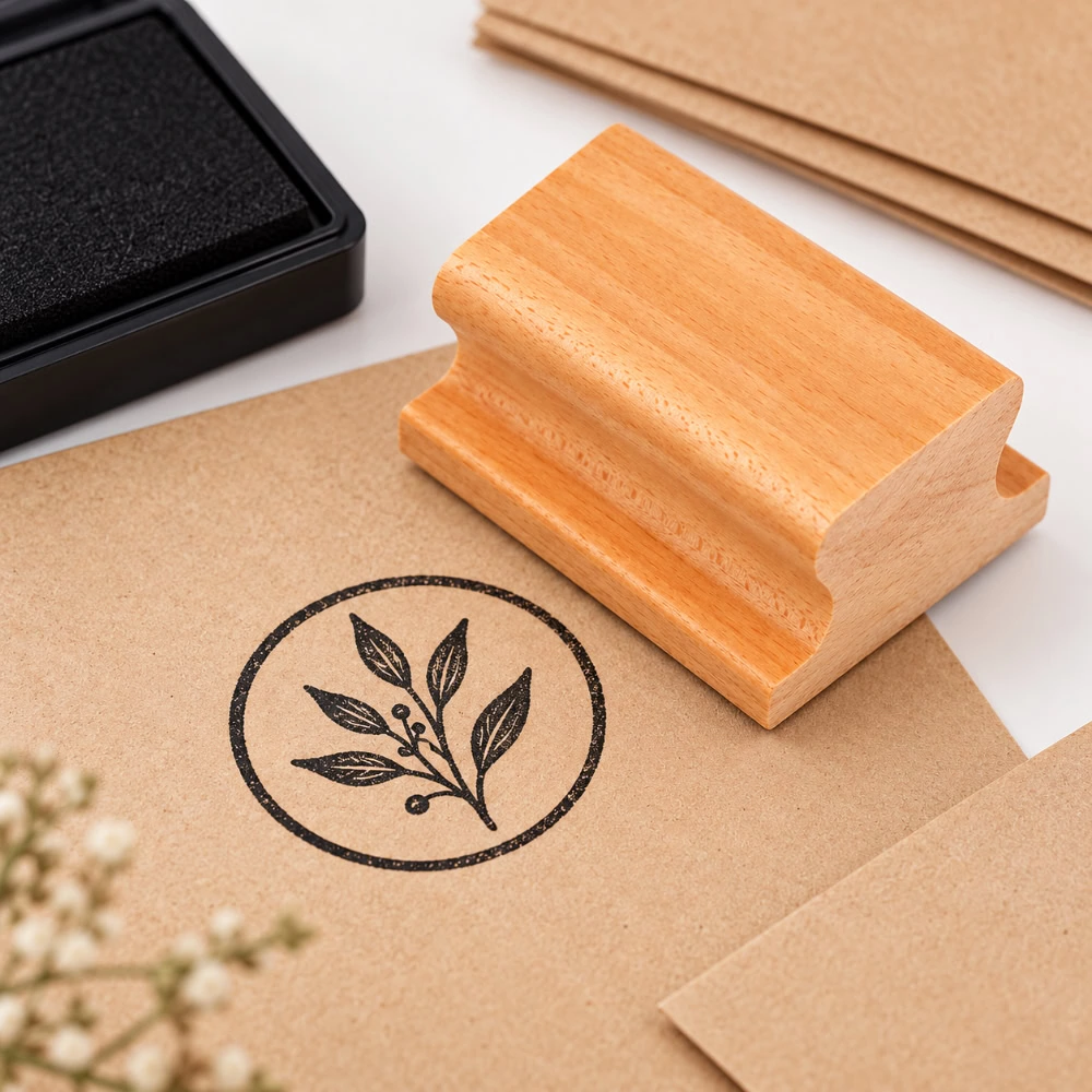 Sello de caucho personalizado con mango de madera estampando sobre papel
