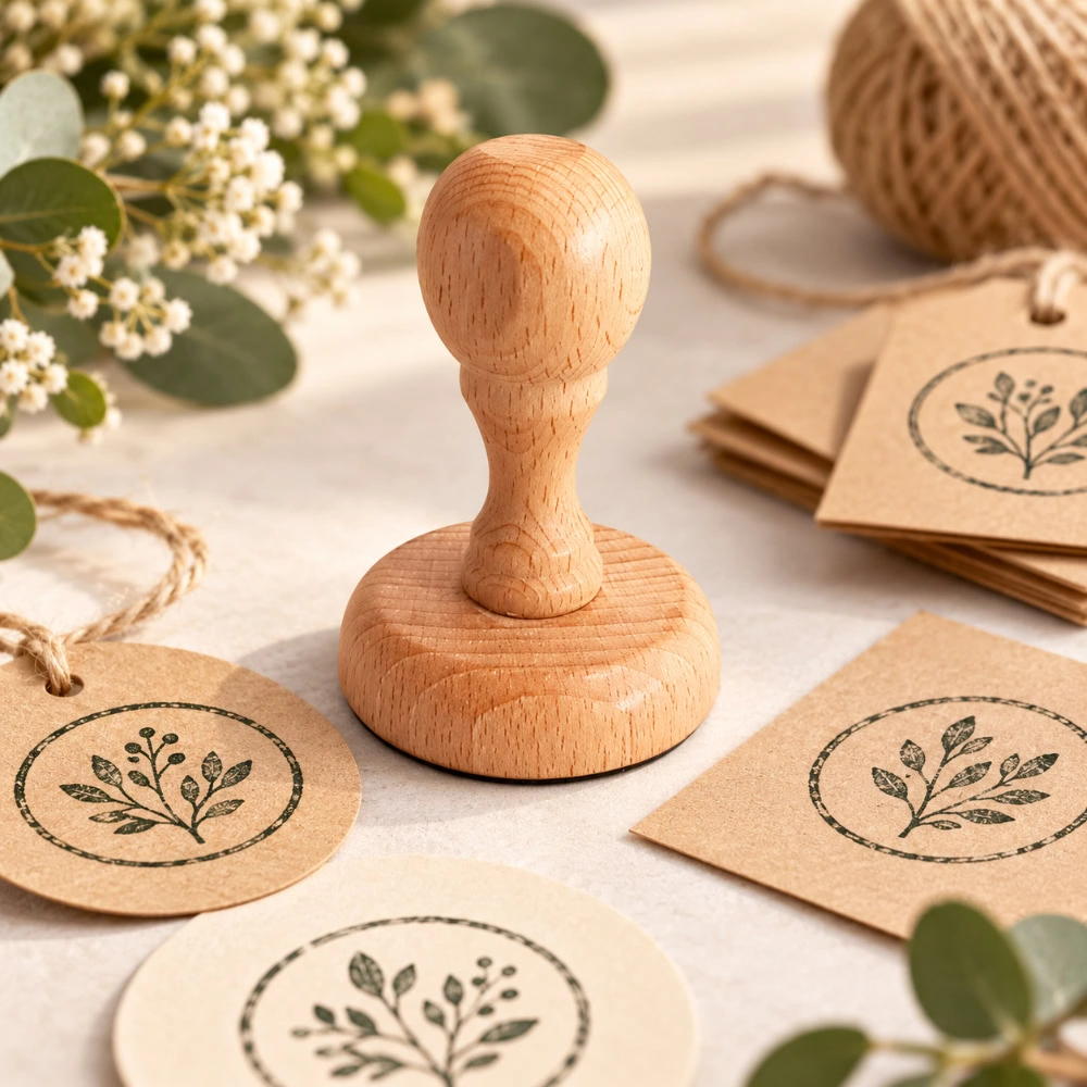 Sello de caucho personalizado con mango de madera estampando sobre papel