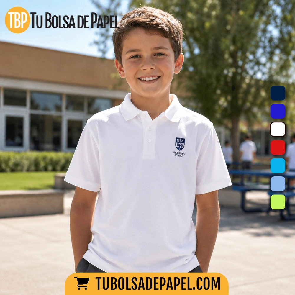 Niño en uniforme escolar con polos blancos