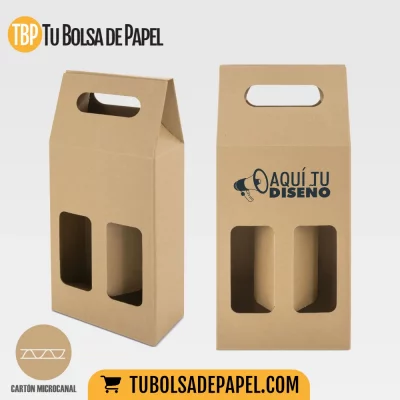 Caja para 2 botellas de vino – Cartón kraft con ventana y asa