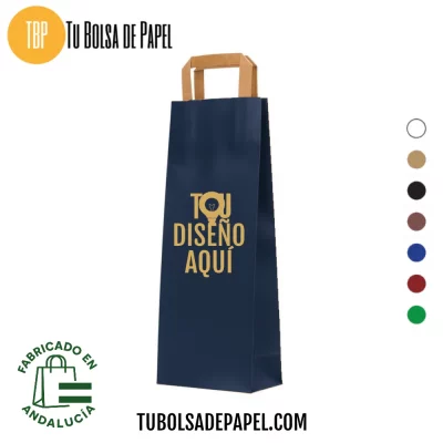 Bolsa papel Kraft Azul Marino personalizada para Botellas asa plana