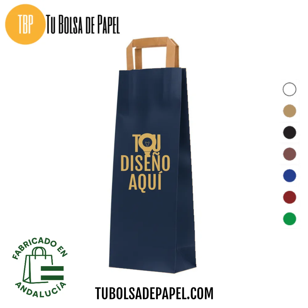Bolsa papel Kraft Azul Marino personalizada para Botellas asa plana