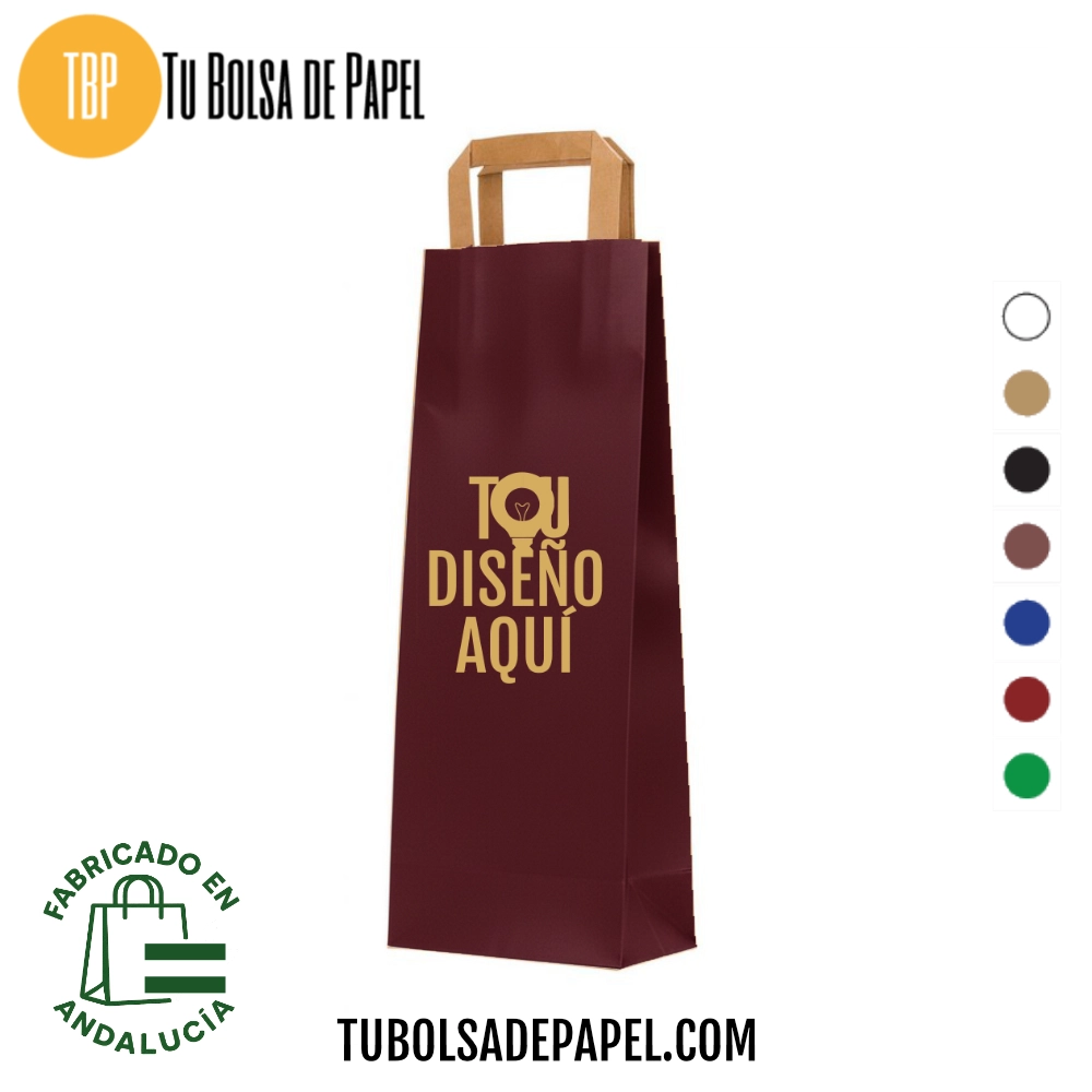 Bolsa papel Kraft Burdeos personalizada para Botellas asa plana
