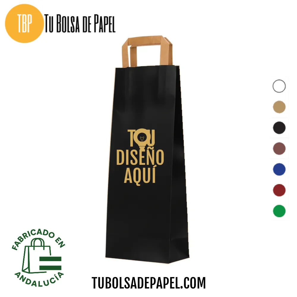 Bolsa papel Kraft Negra personalizada para Botellas asa plana