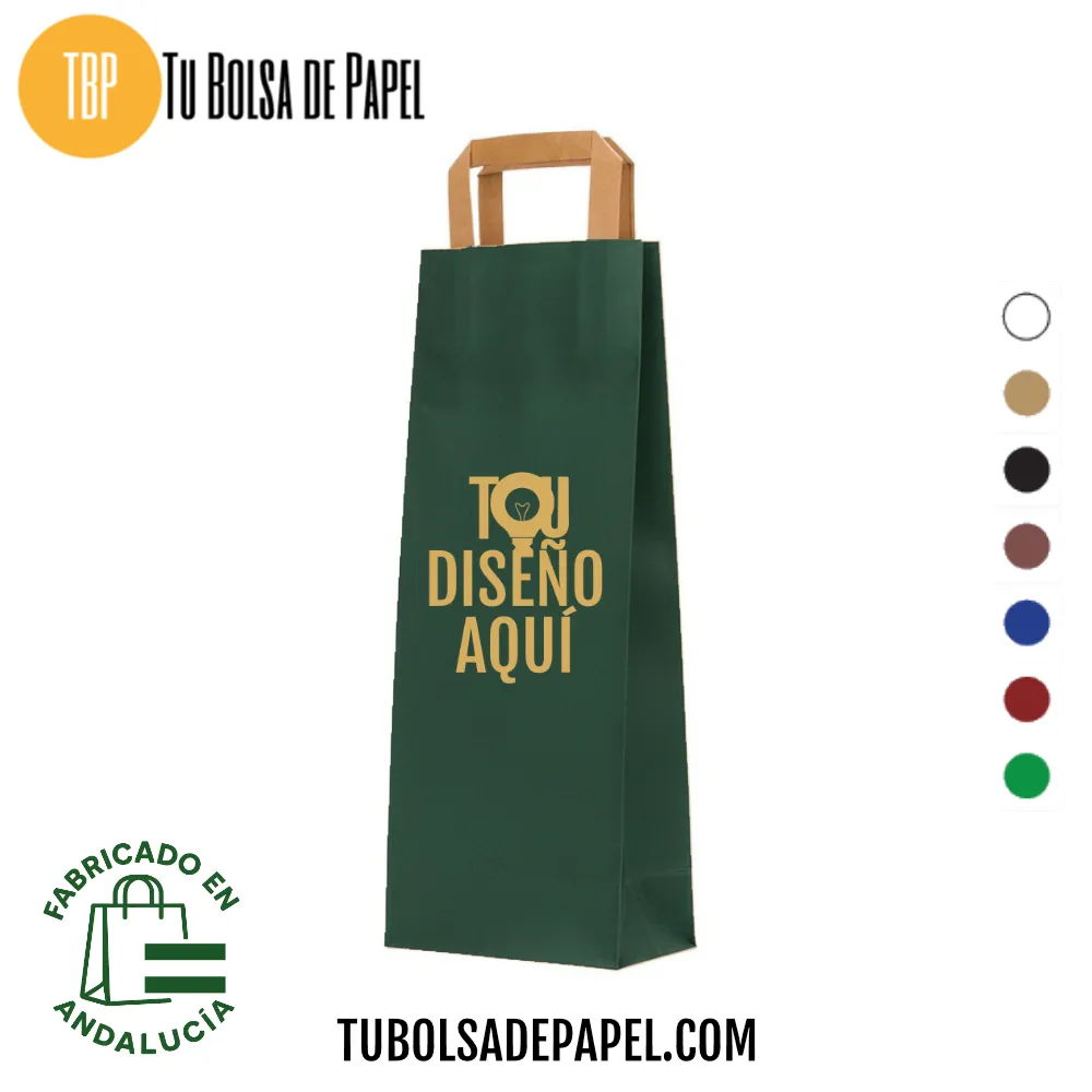 Bolsa papel Kraft Verde personalizada para Botellas asa plana