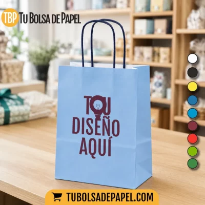 Bolsa de papel verjurado celeste personalizada con logo para tiendas y comercios
