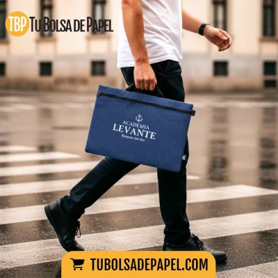 Porta documentos reciclado personalizado azul marino con asa reforzada y material RPET sostenible