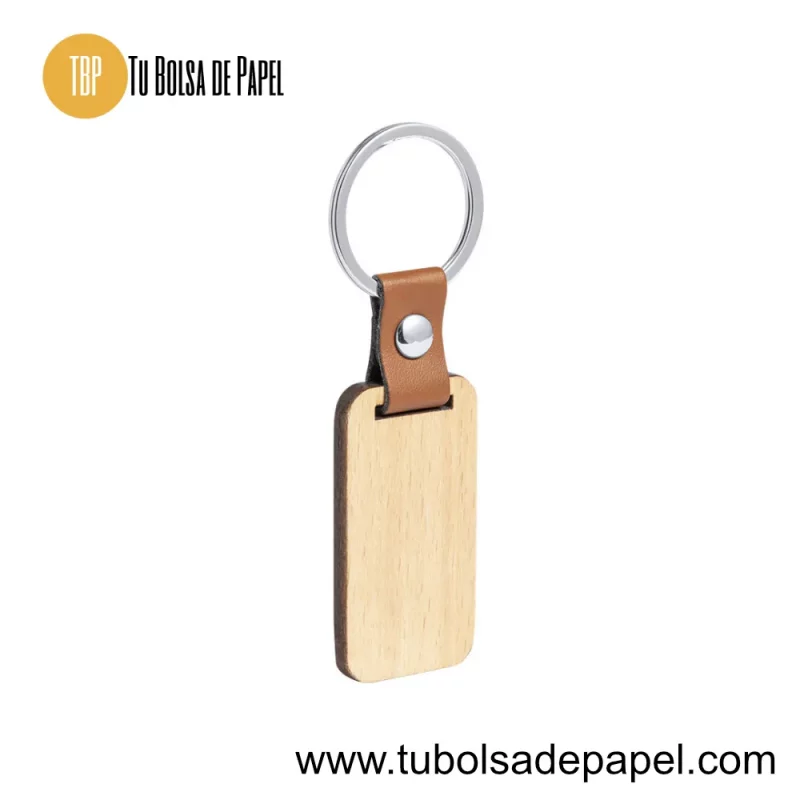 llavero rectangular cuero y madera