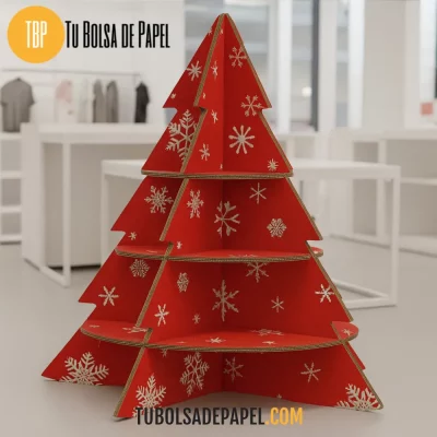 Expositor navideño en forma de árbol rojo de cartón nido de abeja – Ideal para escaparates y comercios