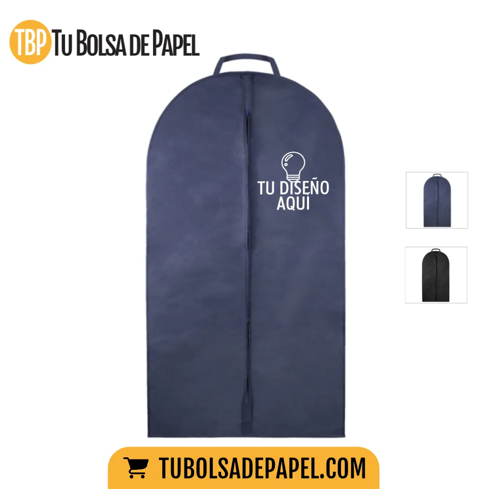 Funda portatrajes non woven azul marino personalizada con impresión de logotipo en blanco en el pecho para comercios.